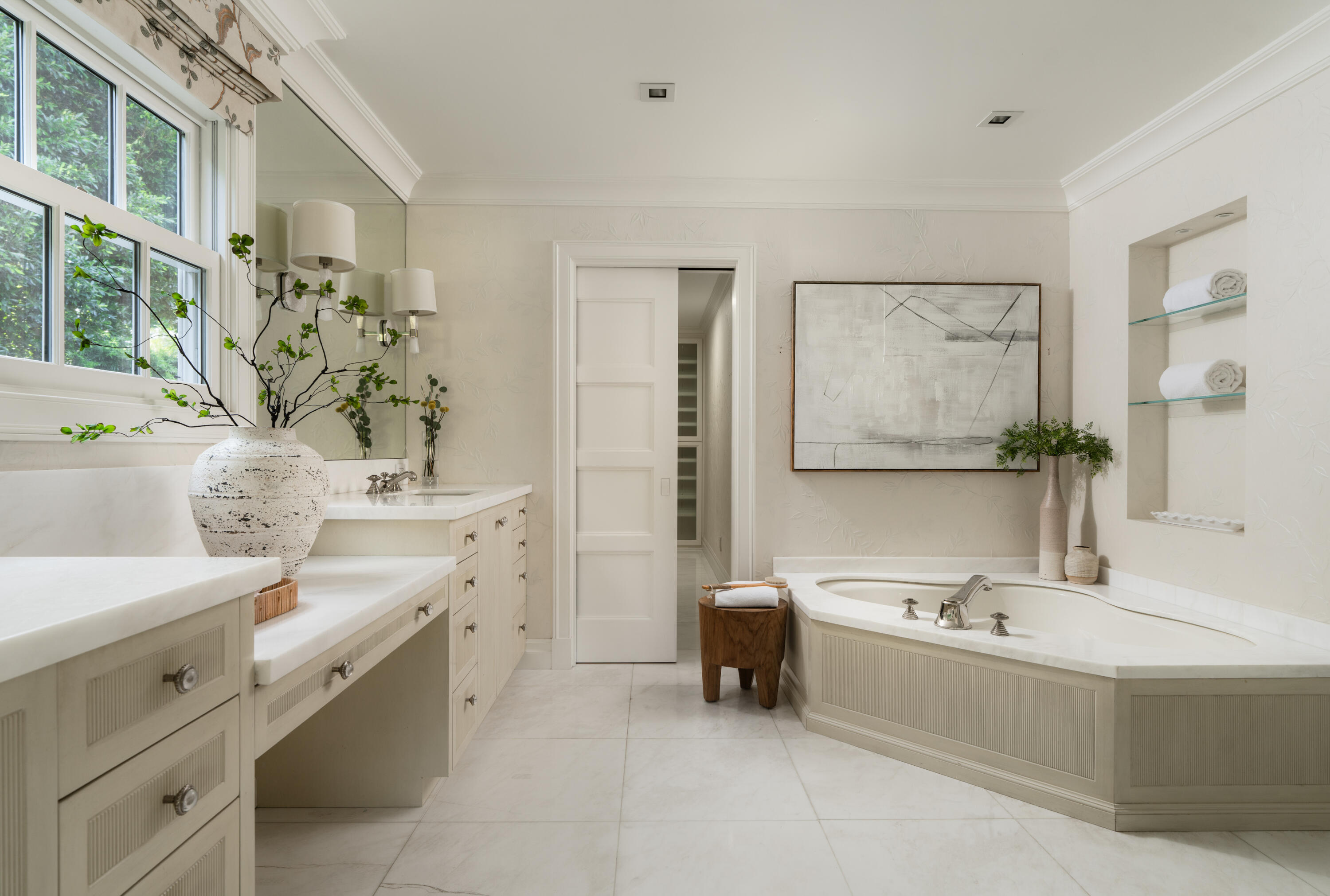 610 Olive Road Montecito, CA 93108 - Photo 15 of 34 a spacious bathroom with a granite countertop sink and a mirror