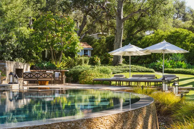 a view of swimming pool with outdoor seating and plants