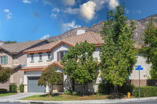a front view of a house with a yard and trees