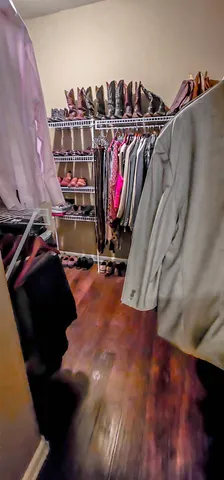a view of walk in closet with clothes and shoes