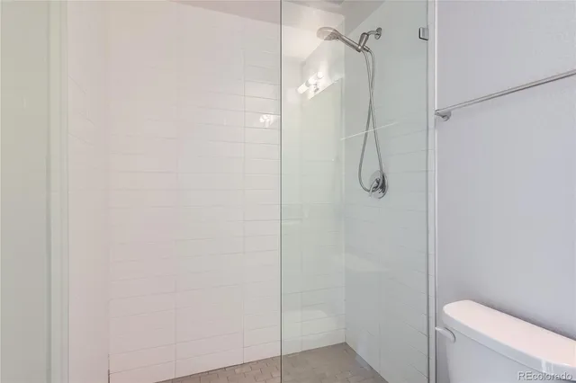 a bathroom with a shower and toilet