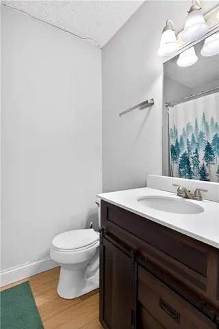 a bathroom with a sink a toilet a mirror and vanity