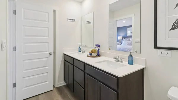 a bathroom with a sink vanity and a mirror
