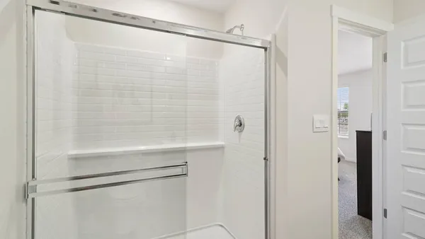 a bathroom with a shower and a sink