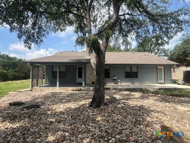 a view of a yard with a house and trees in the background