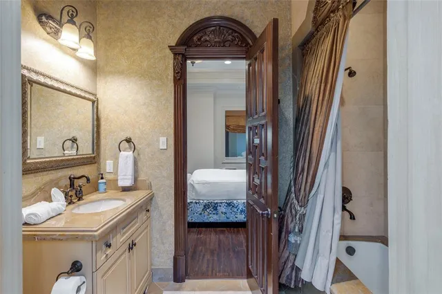 a view of a swimming pool with a garden and plants