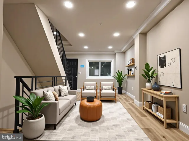 a living room with furniture potted plant and a window