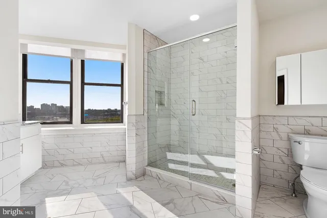 a bathroom with a shower and a toilet