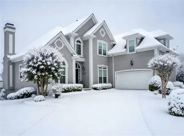 a view of a white house with a yard and potted plants