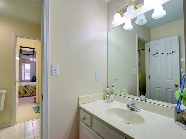 a bathroom with a sink vanity and a mirror