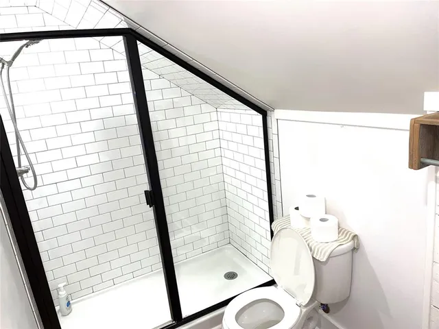 a bathroom with a shower and toilet