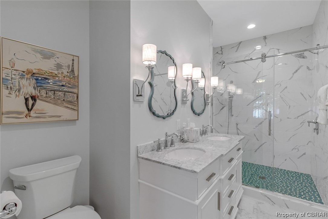 192 Bayberry Point Lane Kilmarnock, VA 22482 - Photo 41 of 49 Bathroom with a shower with door, double large vanity, mirror, and light tile floors