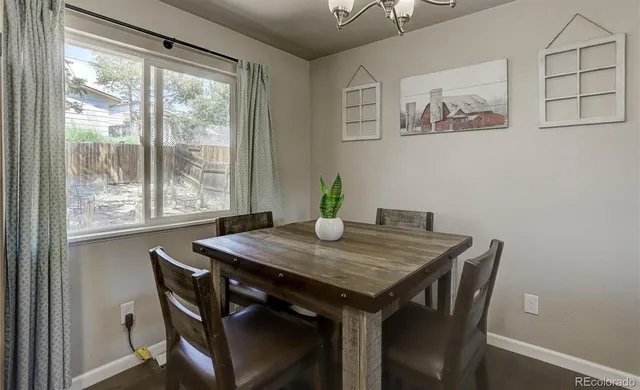 a view of a dining table and chairs in a room