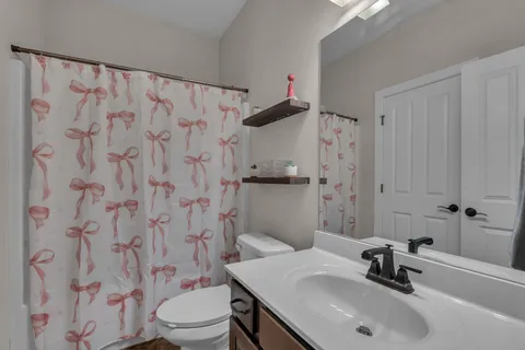 a bathroom with a sink a toilet and shower curtain