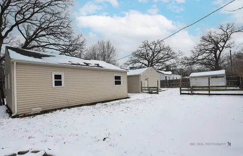 a view of a backyard with a large tree