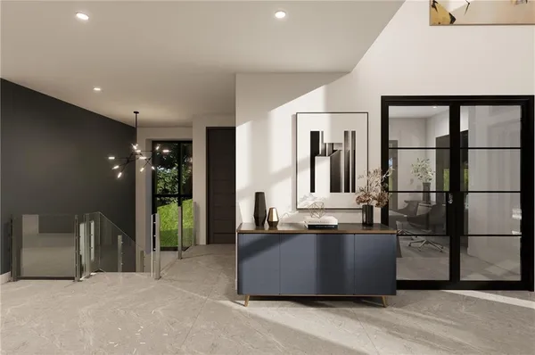 a living room with stainless steel appliances kitchen island granite countertop a refrigerator a sink and a cabinets
