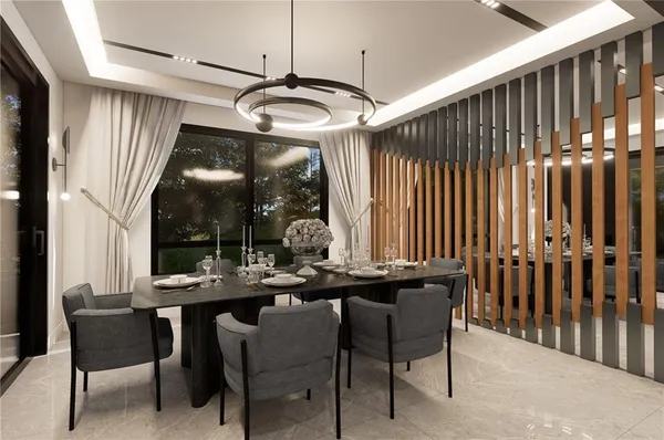 a view of a dining room with furniture window and outside view