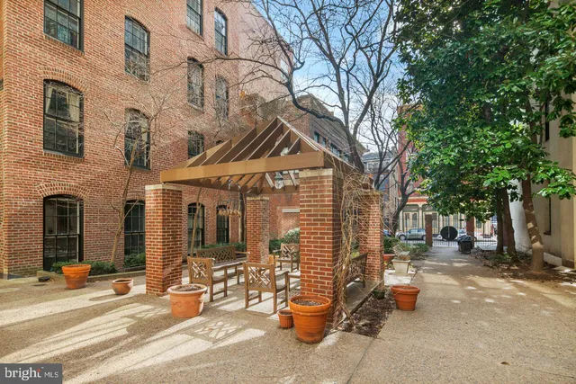 an outdoor space with seating