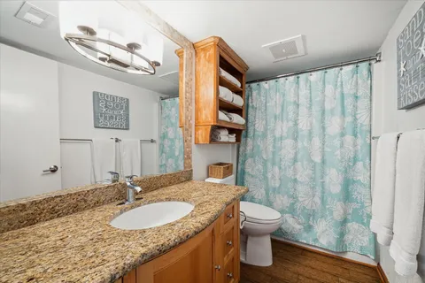 a bathroom with a granite countertop sink toilet a mirror and shower curtain