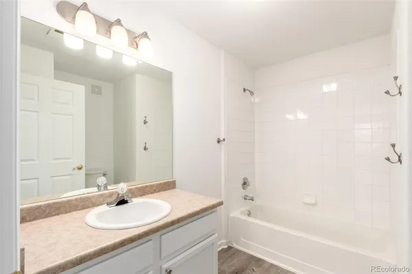 a bathroom with a bath tub sink and mirror