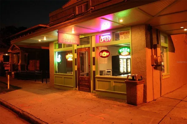 an outdoor space with seating space