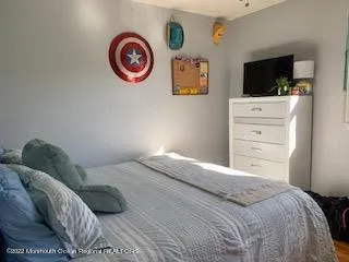 a bedroom with a bed and a television