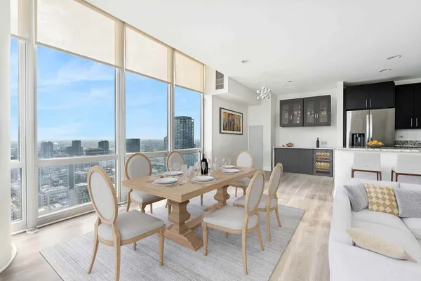 a view of a dining room with furniture
