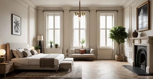 a spacious bedroom with furniture and a fireplace