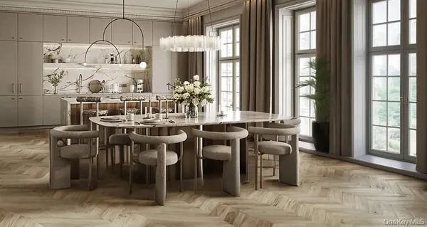 a view of a dining room with furniture and window