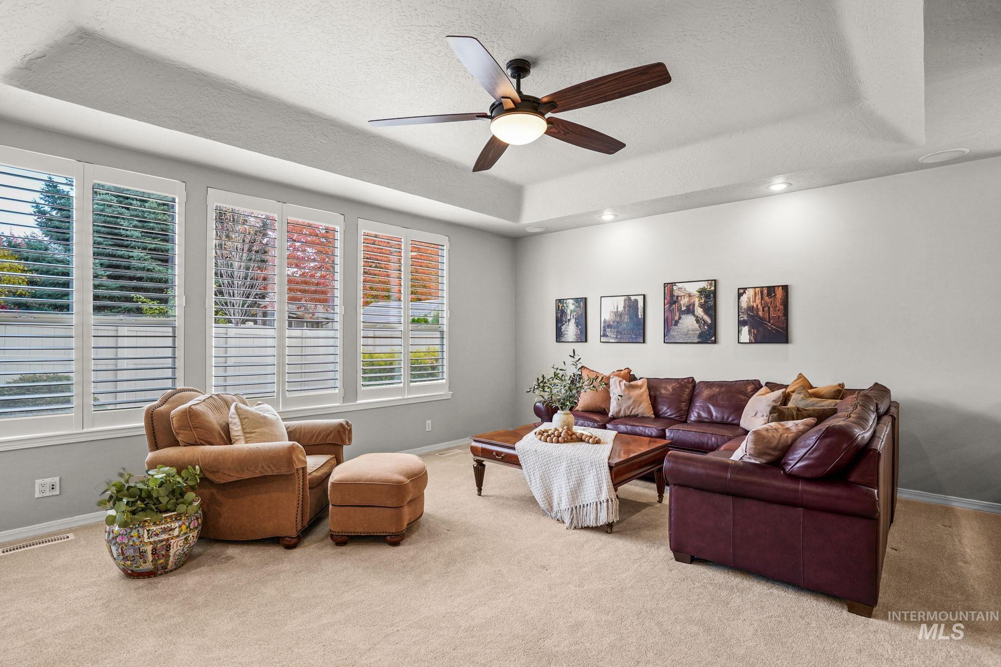 5790 North Wellspring Way Boise, ID 83713 - Photo 16 of 41 Carpeted living area featuring a raised ceiling, a textured ceiling, and a ceiling fan