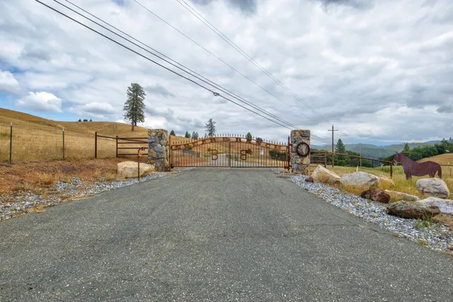 a view of a field with an trees in the background
