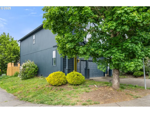 a backyard of a house with barbeque oven and trees