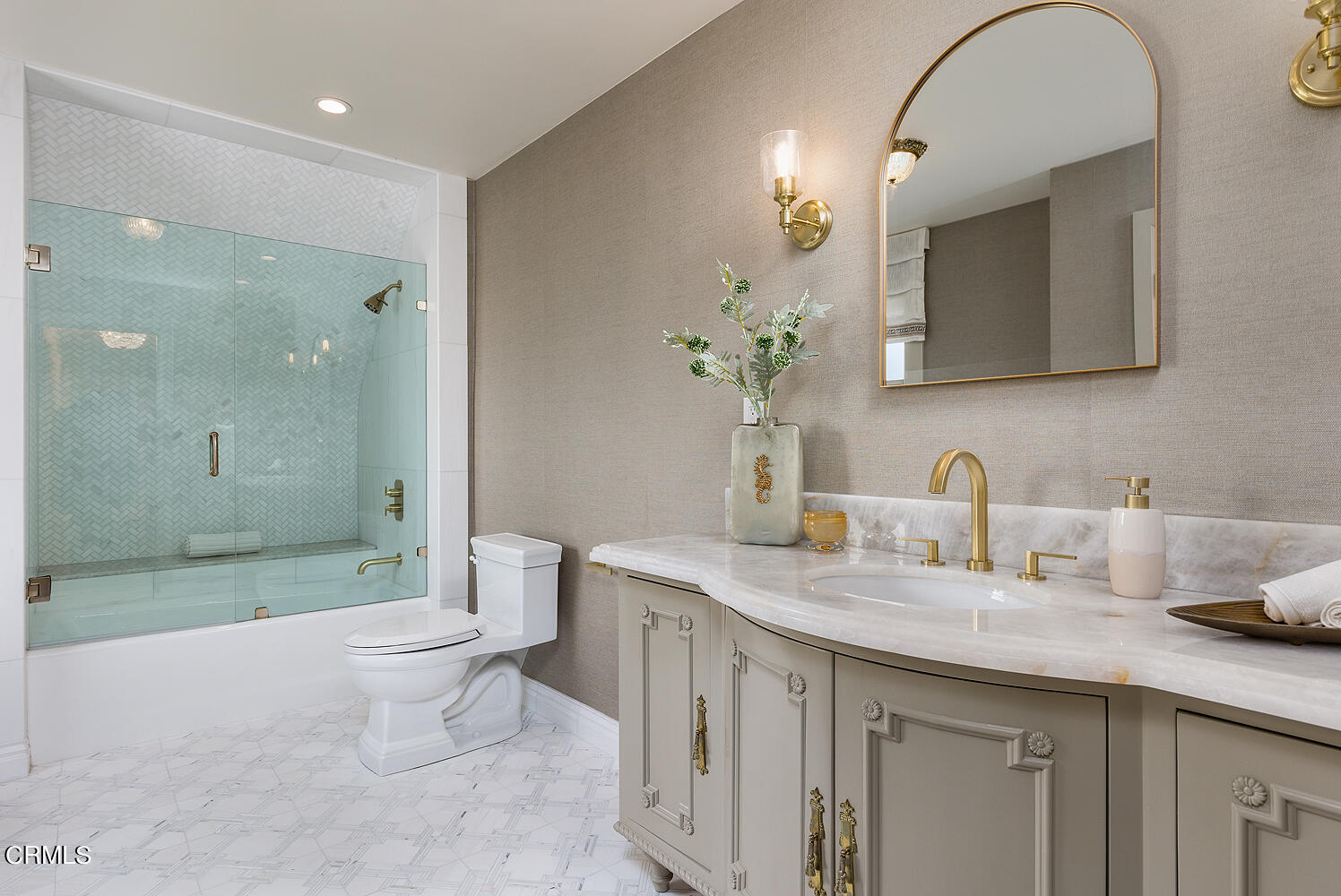 3001 Lombardy Road Pasadena, CA 91107 - Photo 41 of 74 a bathroom with a granite countertop sink a toilet and a large mirror