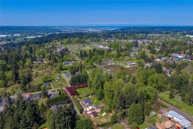 a view of a lake with a yard and large trees