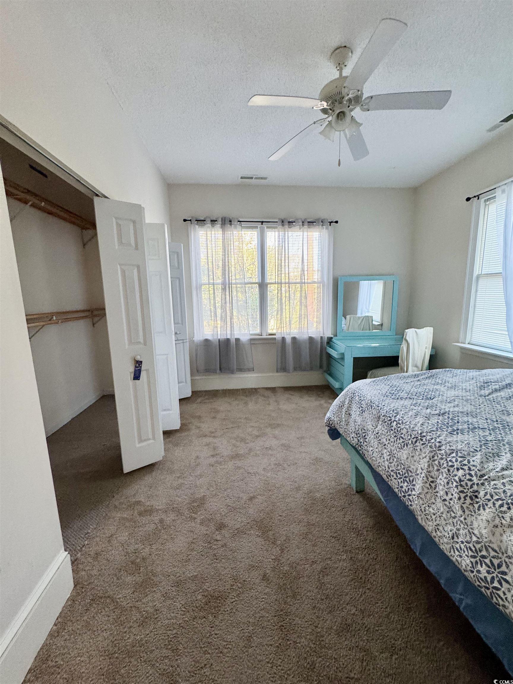 932 Duke Street Georgetown, SC 29440 - Photo 23 of 30 Carpeted bedroom featuring a textured ceiling, multiple windows, a ceiling fan, and a walk in closet