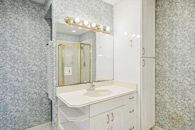 a bathroom with a sink a mirror and a shower