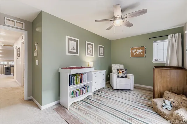 a bedroom with furniture and a book shelf