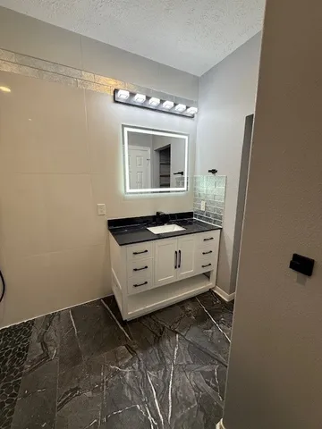 a bathroom with a sink and a mirror