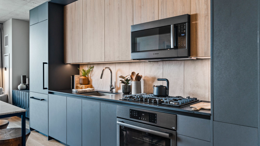 234 West Polk Street, Unit 2708 Chicago, IL 60607 - Photo 3 of 16 a kitchen with granite countertop a stove and a microwave