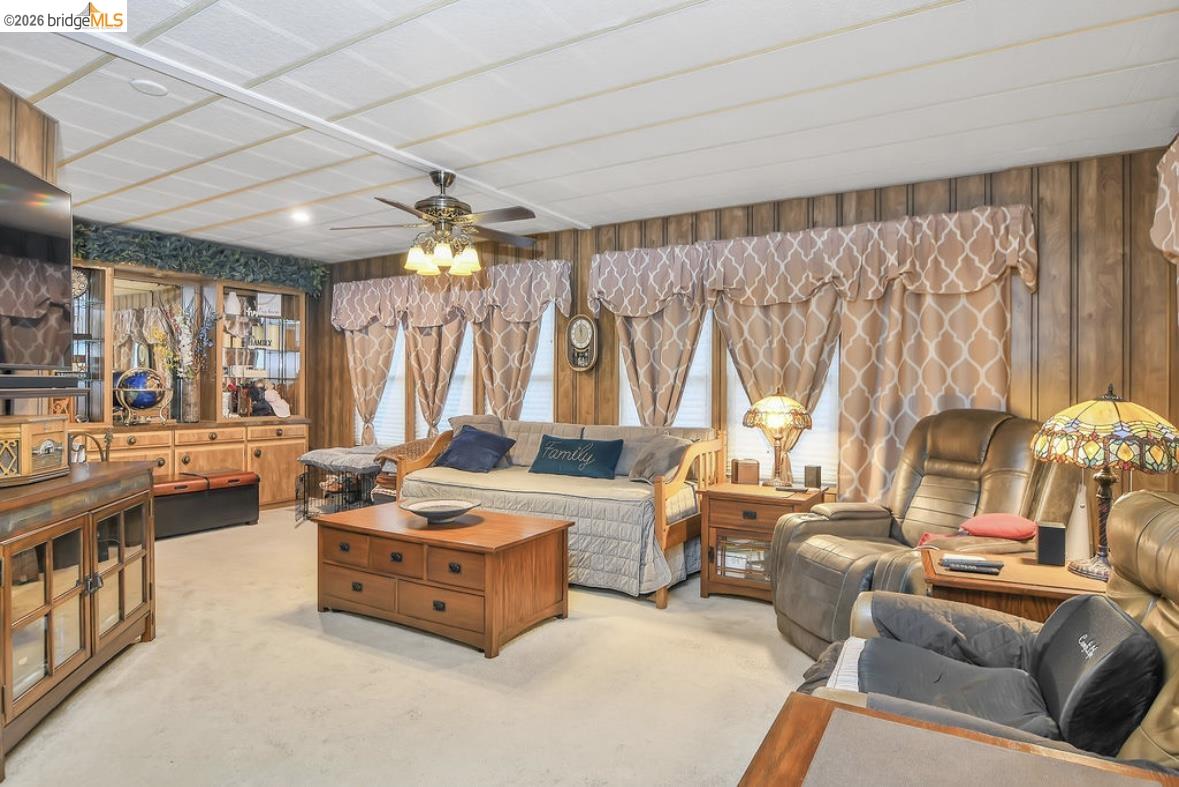 4603 Balfour Road, Unit 86 Brentwood, CA 94513 - Photo 6 of 24 Living room featuring carpet floors, a ceiling fan, and wood walls
