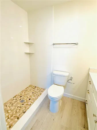 a bathroom with a toilet and a shower