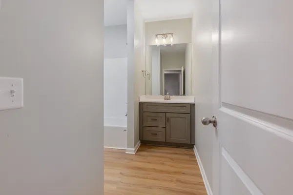 a bathroom with a sink and a mirror