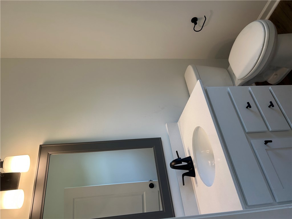 202 Bellflower Lane Pendleton, SC 29670 - Photo 13 of 27 A pristine bathroom features a vanity with sleek black hardware and a contemporary mirror.