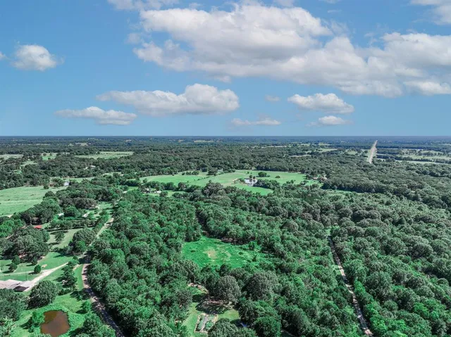 an aerial view of residential houses with outdoor space and trees