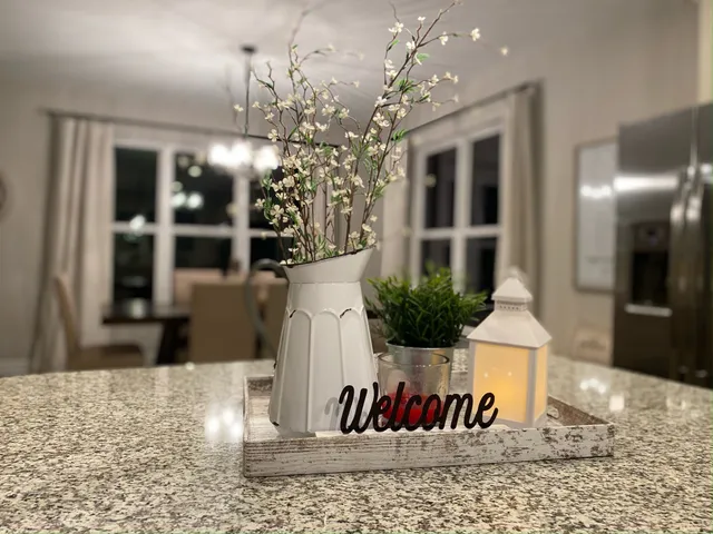 a view of a dining room with furniture