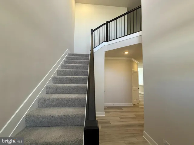 a view of staircase with wooden floor and front door