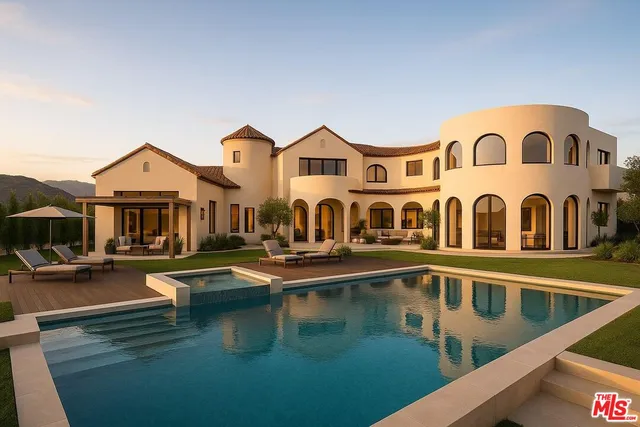 a swimming pool view with sitting space