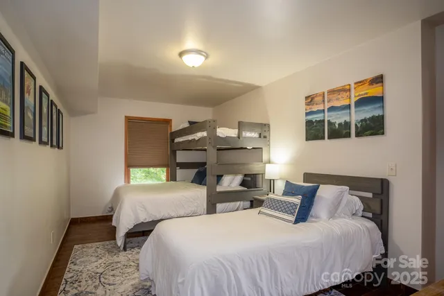 a bedroom with a bed and a closet