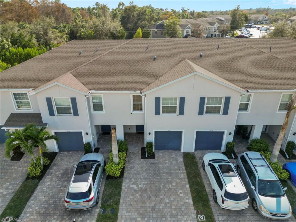 a aerial view of a house with patio
