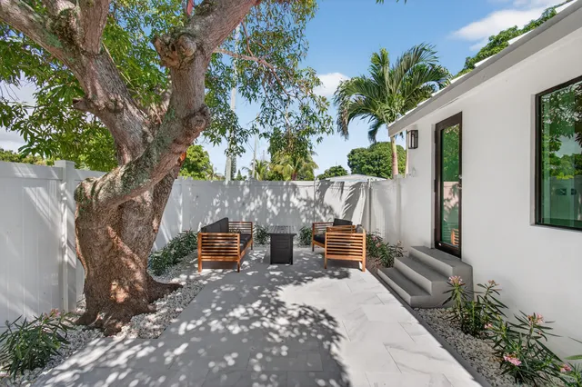 a backyard of a house with table and chairs